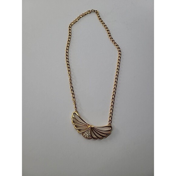 Vintage Necklace Wings Gold Tone White Crystals Chain Jewelry Costume - Picture 7 of 15